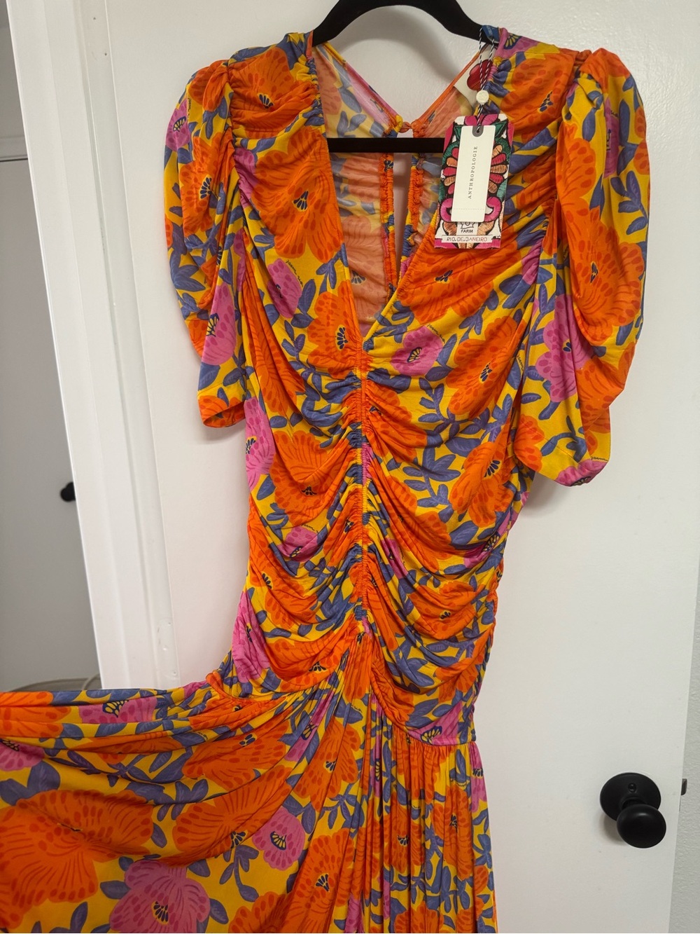 FARM Rio Orange Floral Ruched Maxi Dress with Pink and Purple Accents - Picture 2 of 3